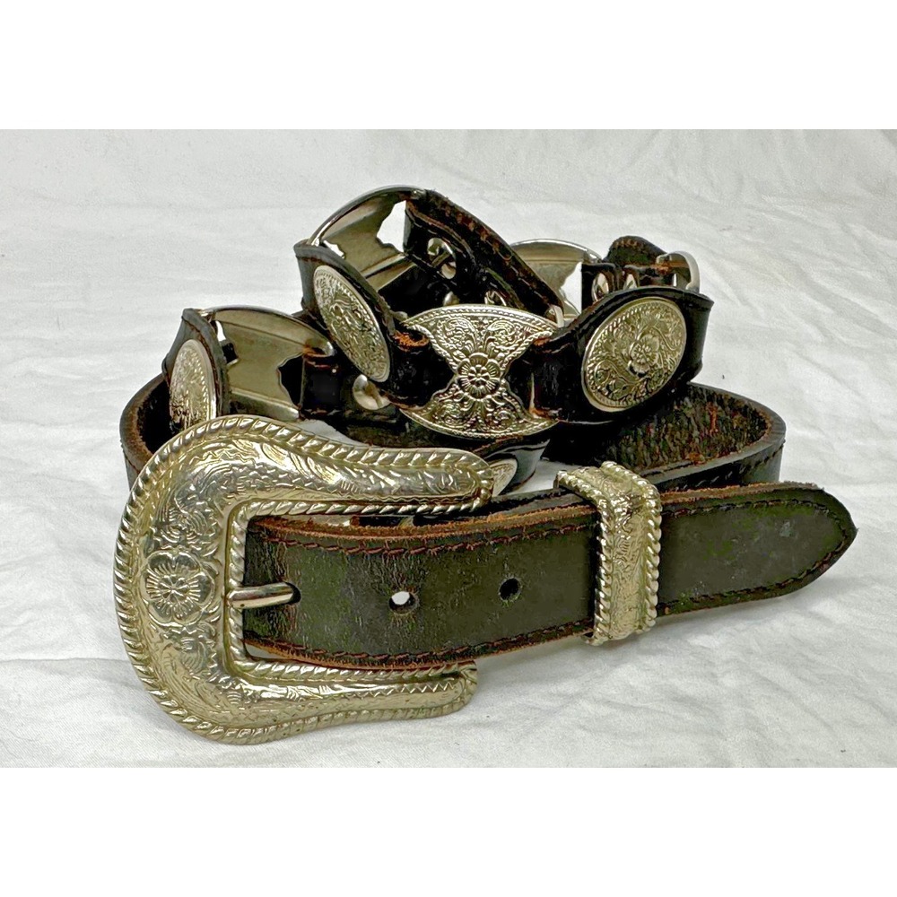 Handmade Concho Belt Brown Leather Silver Etched Flower 32-35"‎ Buckle